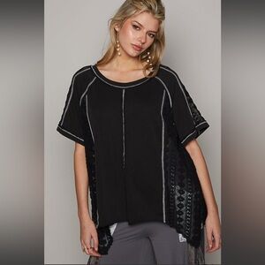 POL Black Short Sleeve Top with Lace Accents